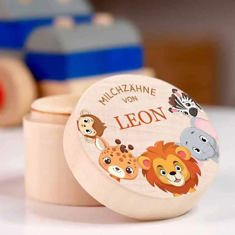 Personalisierte Milchzahndose aus Lindenholz mit Namen - Zahnbox für Kinder - Safari Motiv | Natur, Runde - Baby Geschenk & Andenken zur Taufe