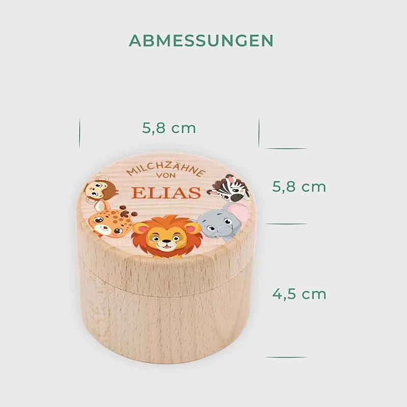 Personalisierte Milchzahndose aus Lindenholz mit Namen - Zahnbox für Kinder - Safari Motiv | Natur, Runde - Baby Geschenk & Andenken zur Taufe