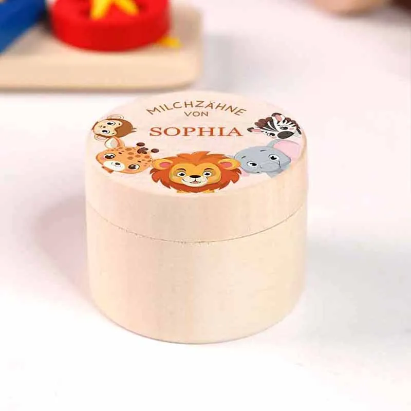Personalisierte Milchzahndose aus Lindenholz mit Namen - Zahnbox für Kinder - Safari Motiv | Natur, Runde - Baby Geschenk & Andenken zur Taufe