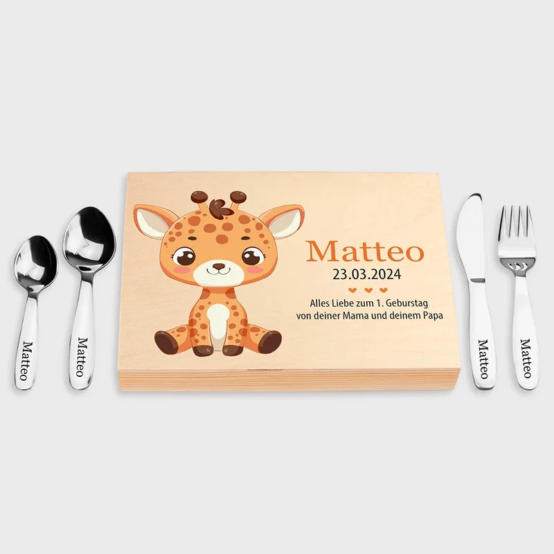 Kinderbesteck personalisiert mit Namen - Besteckset Giraffe Motiv | Taufgeschenk für Kinder - Geschenk zur Taufe für Jungs & Mädchen, natur Kiste