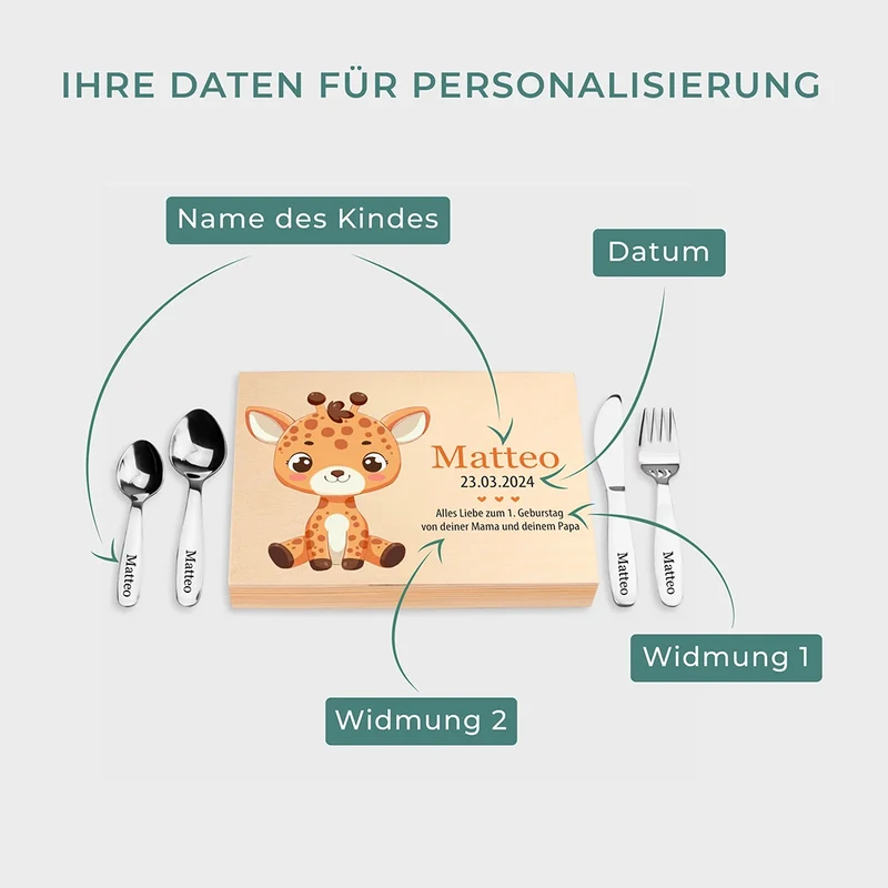 Kinderbesteck personalisiert mit Namen - Besteckset Giraffe Motiv | Taufgeschenk für Kinder - Geschenk zur Taufe für Jungs & Mädchen, natur Kiste