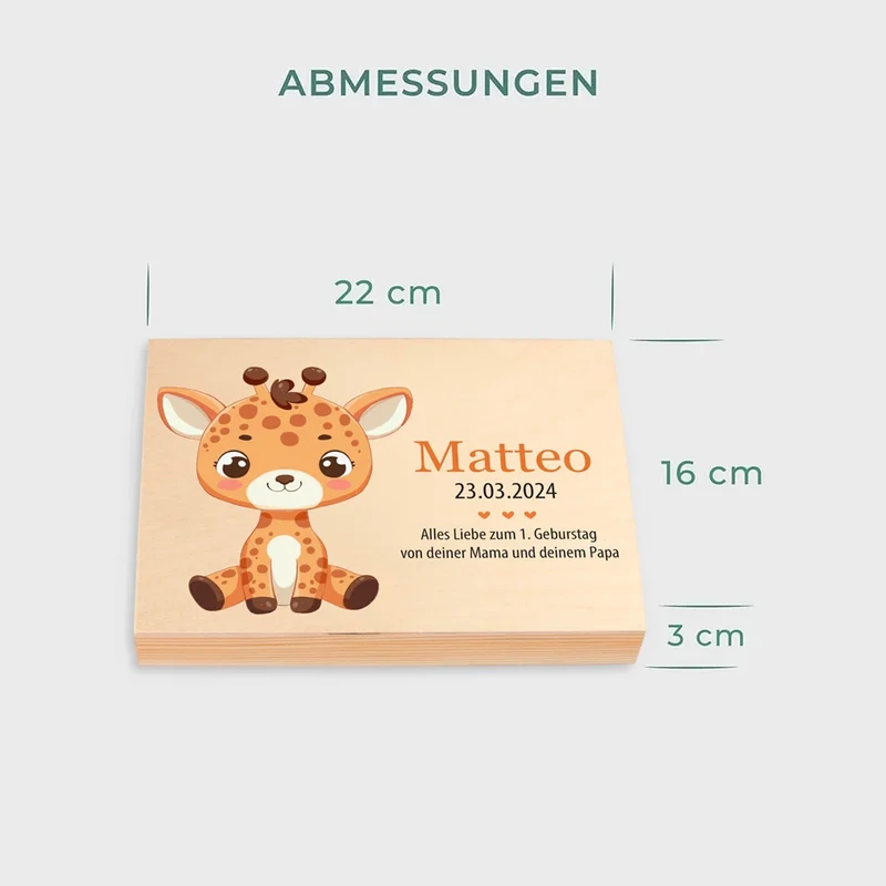 Kinderbesteck personalisiert mit Namen - Besteckset Giraffe Motiv | Taufgeschenk für Kinder - Geschenk zur Taufe für Jungs & Mädchen, natur Kiste