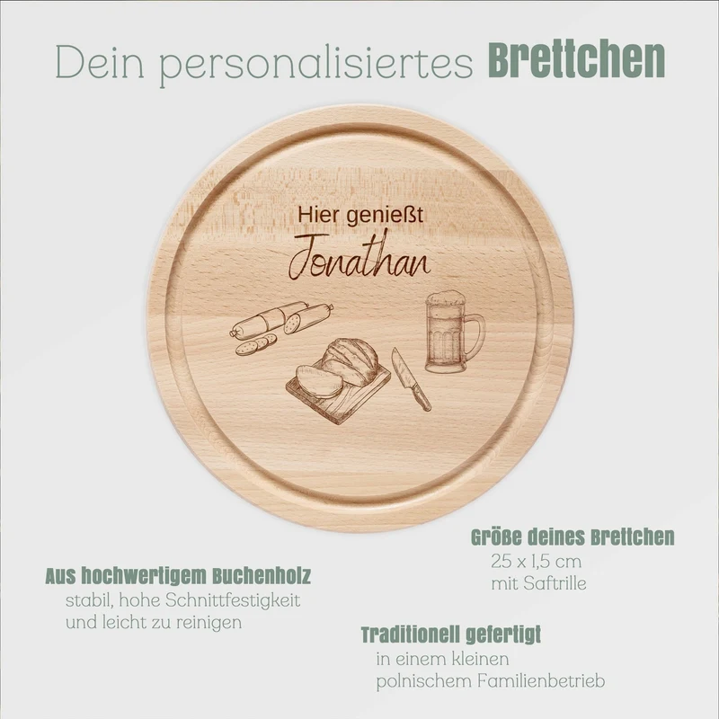 Rundes Holzbrett - Bier Brot Wurst