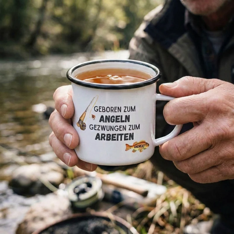 Emaille Tasse personalisiert - Geboren zum Angeln