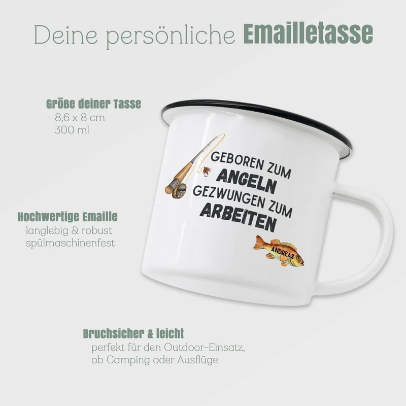 Emaille Tasse personalisiert - Geboren zum Angeln