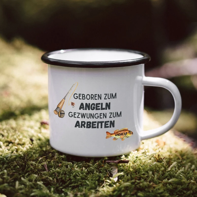 Emaille Tasse personalisiert - Geboren zum Angeln