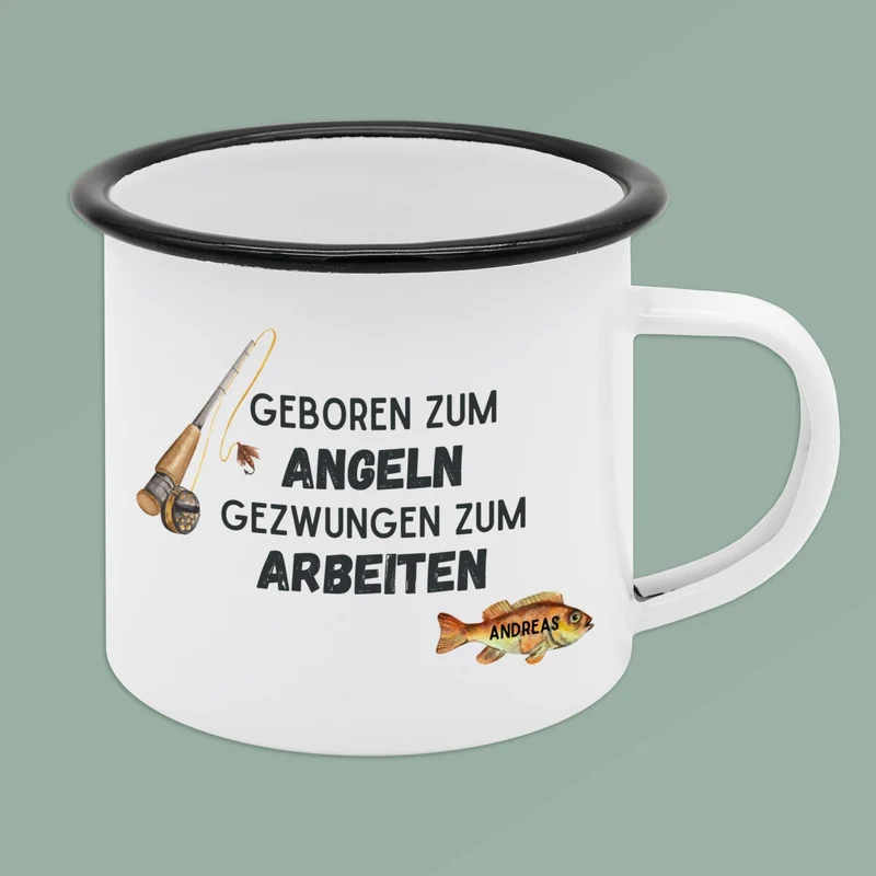 Emaille Tasse personalisiert - Geboren zum Angeln