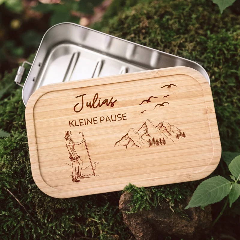 Brotdose Edelstahl personalisiert - Wanderin Kleine Pause