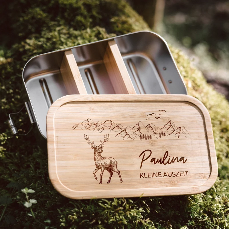Brotdose Edelstahl personalisiert - Hirsch Berge