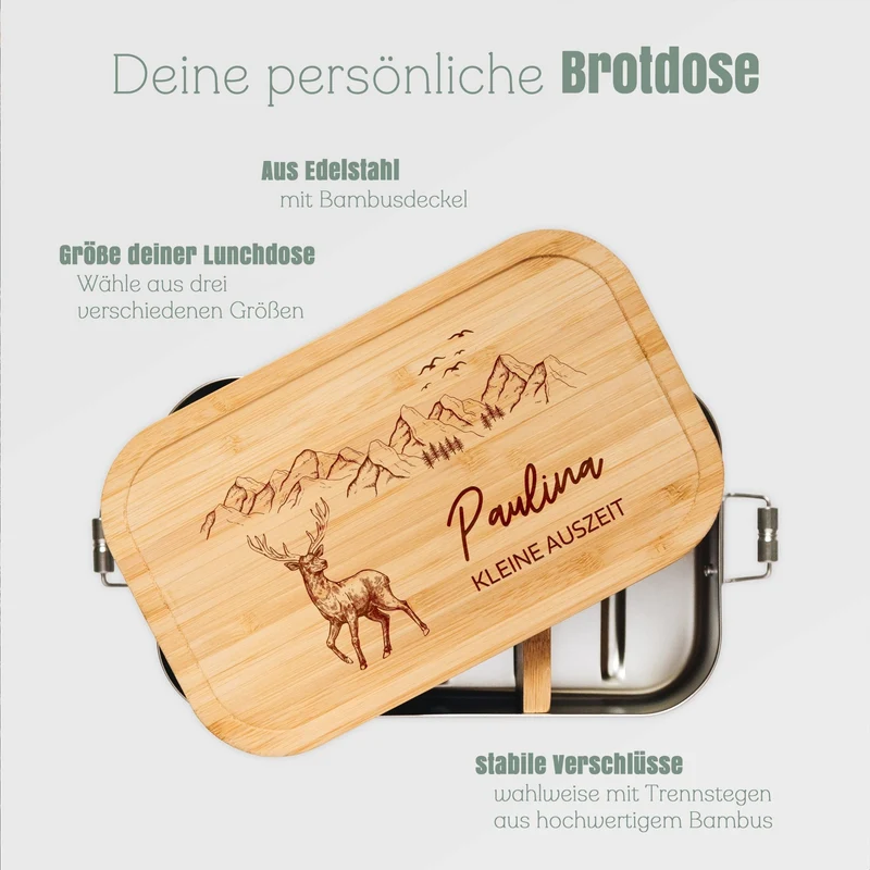 Brotdose Edelstahl personalisiert - Hirsch Berge