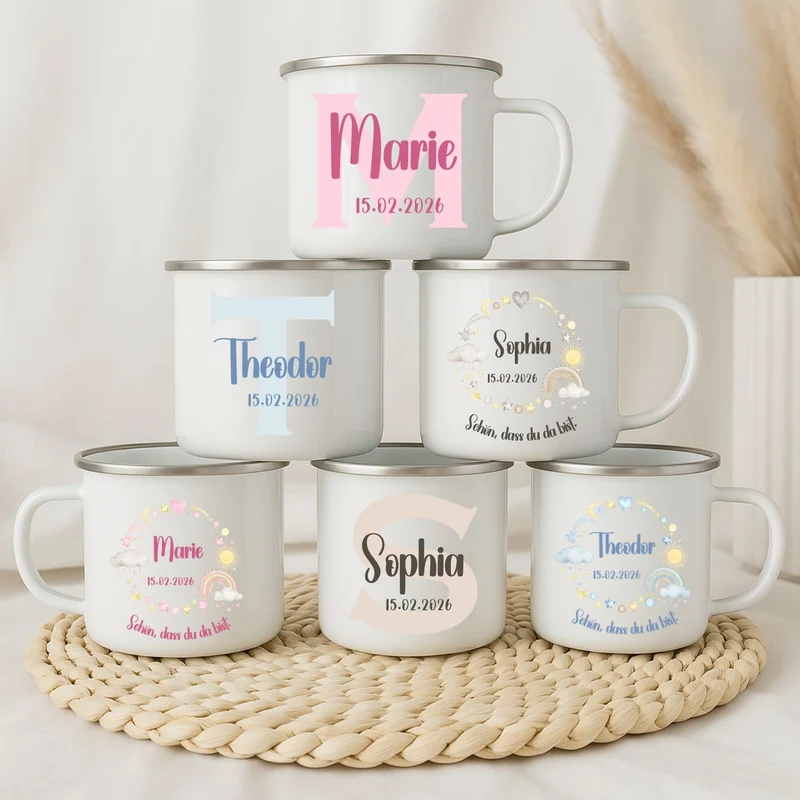 Emaille Tasse personalisiert – Kindertasse mit Namen und Geburtsdatum – Bruchsicher und BPA-frei