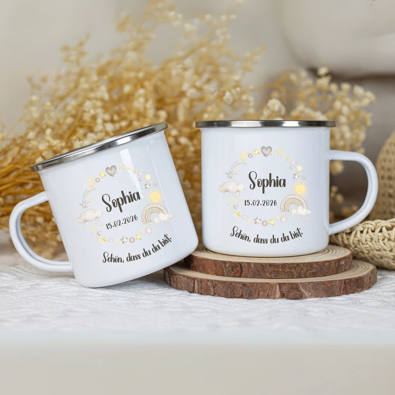Emaille Tasse personalisiert – Kindertasse mit Namen und Geburtsdatum – Bruchsicher und BPA-frei