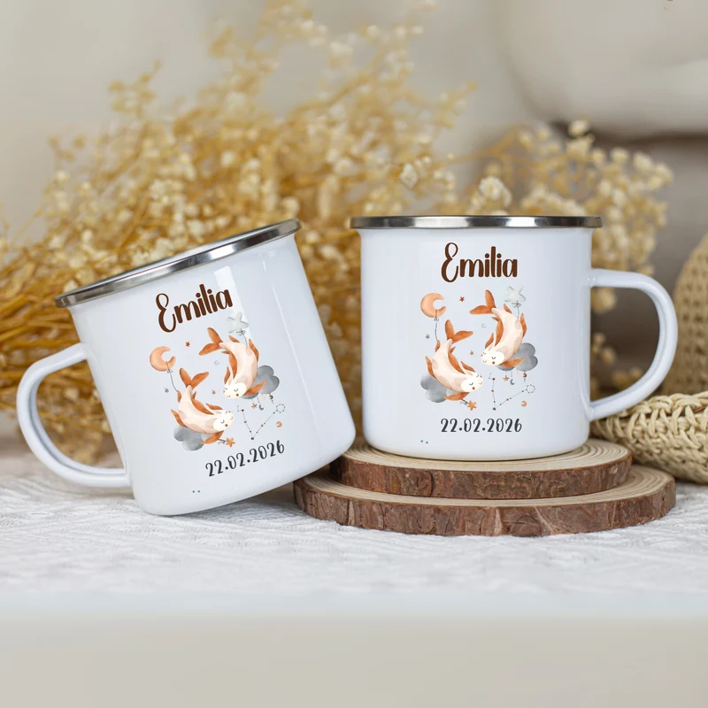 Emaille Tasse personalisiert – Sternzeichen Kindertasse mit Namen und Geburtsdatum – Bruchsicher