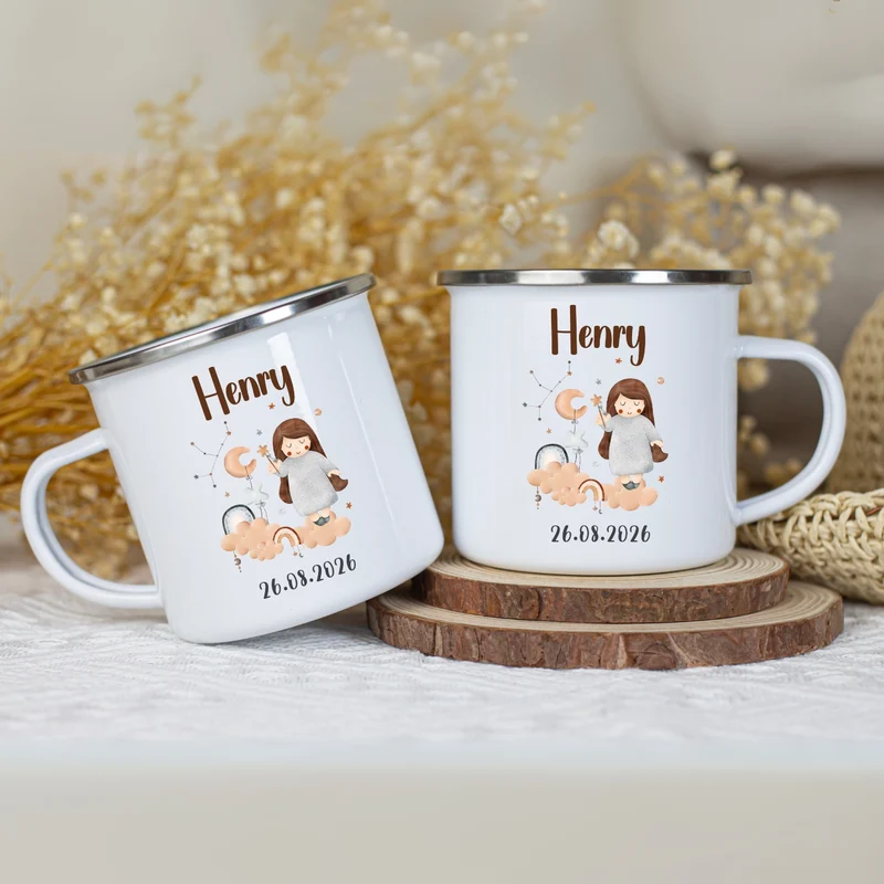 Emaille Tasse personalisiert – Sternzeichen Kindertasse mit Namen und Geburtsdatum – Bruchsicher