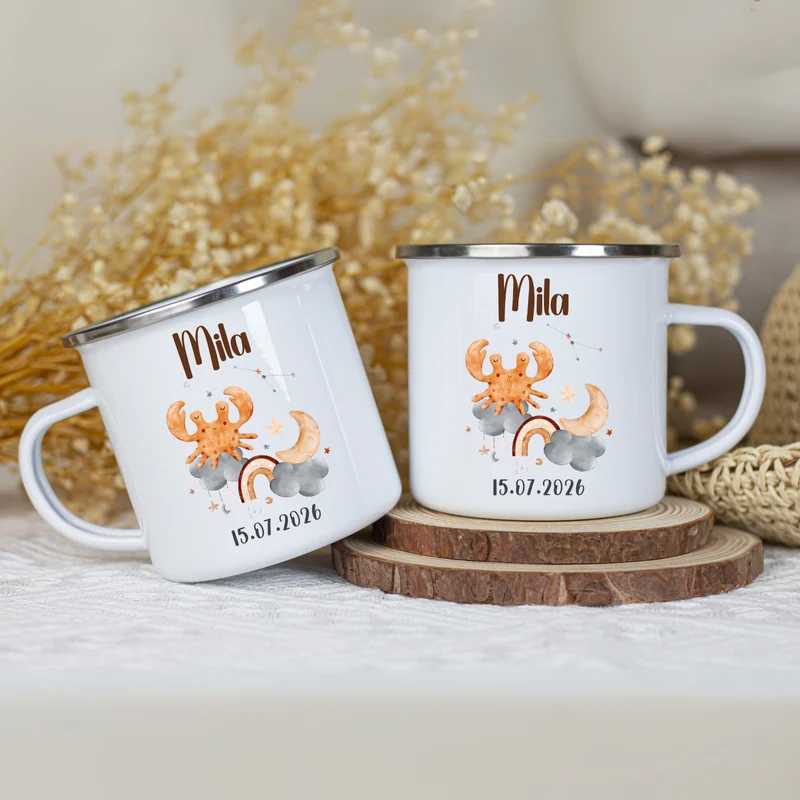 Emaille Tasse personalisiert – Sternzeichen Kindertasse mit Namen und Geburtsdatum – Bruchsicher