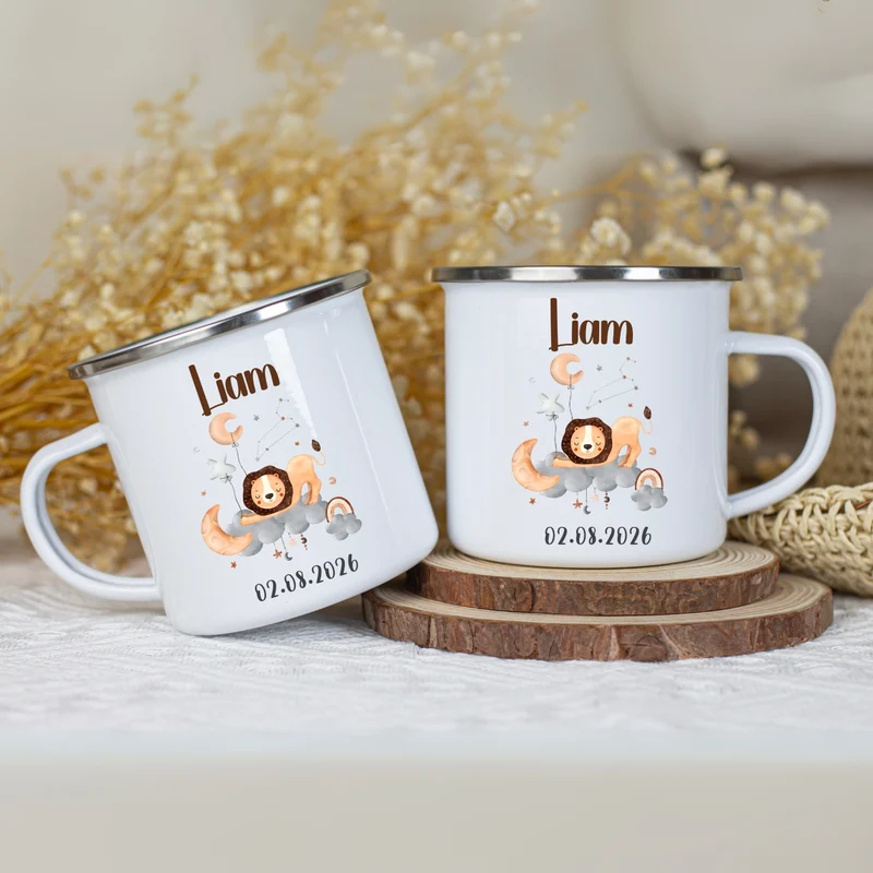 Emaille Tasse personalisiert – Sternzeichen Kindertasse mit Namen und Geburtsdatum – Bruchsicher