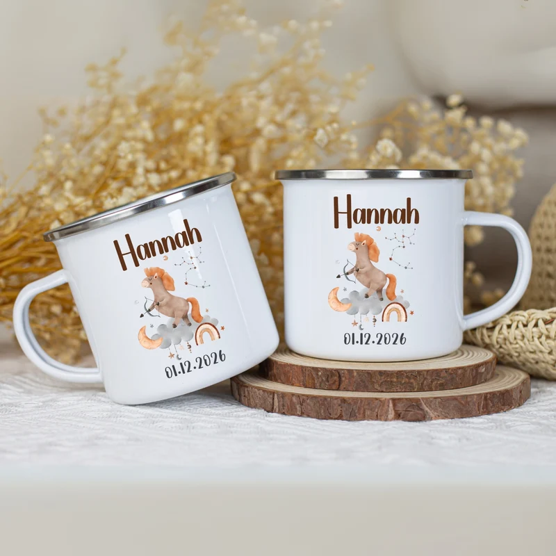Emaille Tasse personalisiert – Sternzeichen Kindertasse mit Namen und Geburtsdatum – Bruchsicher