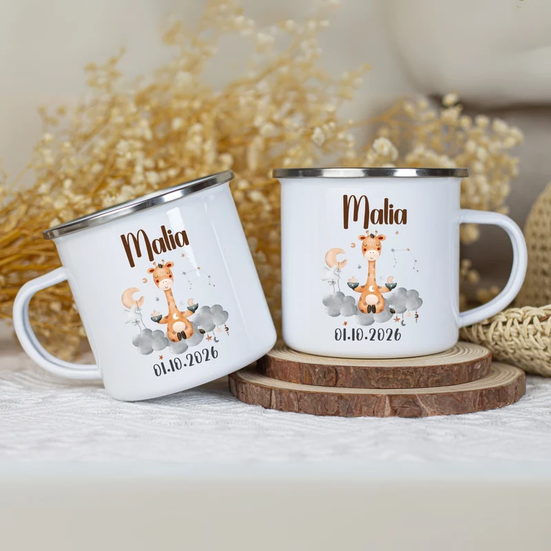 Emaille Tasse personalisiert – Sternzeichen Kindertasse mit Namen und Geburtsdatum – Bruchsicher