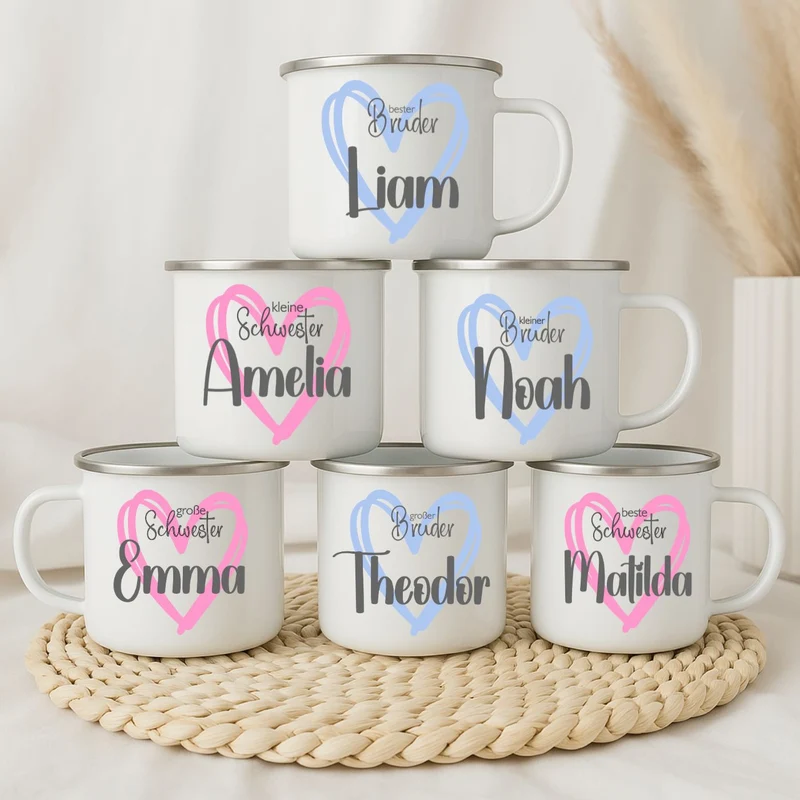 Emaille Tasse personalisiert – Kindertasse mit Namen für Geschwister – Große Schwester, Kleiner Bruder, Beste Schwester