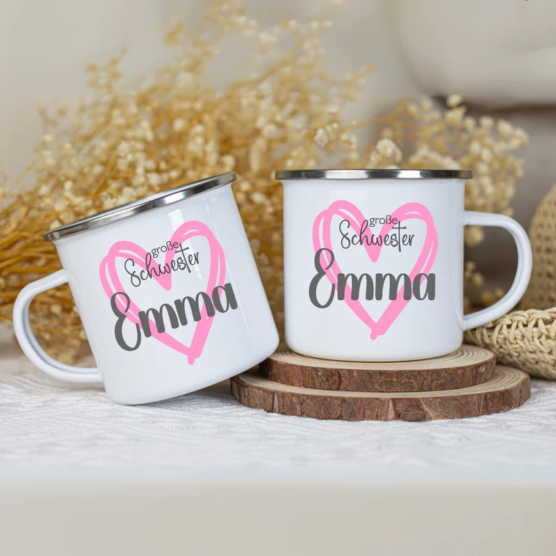 Emaille Tasse personalisiert – Kindertasse mit Namen für Geschwister – Große Schwester, Kleiner Bruder, Beste Schwester