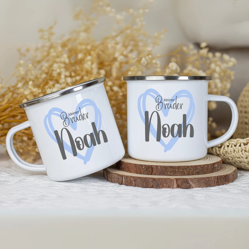 Emaille Tasse personalisiert – Kindertasse mit Namen für Geschwister – Große Schwester, Kleiner Bruder, Beste Schwester