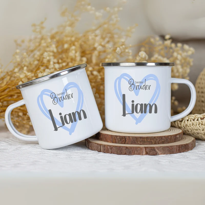 Emaille Tasse personalisiert – Kindertasse mit Namen für Geschwister – Große Schwester, Kleiner Bruder, Beste Schwester