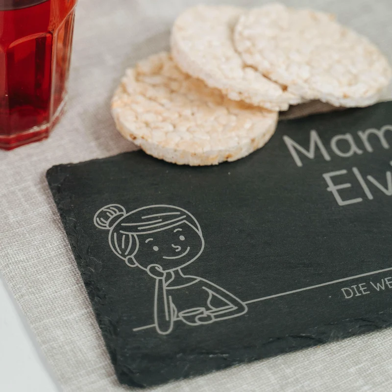 Frühstücksbrettchen mit Gravur - Personalisiert mit Namen - Mama "Unsere Familie" | Schieferstein - Geschenk zum Muttertag, Geburtstag, Namenstag