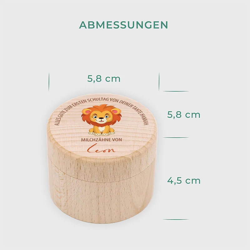 Personalisierte Milchzahndose aus Lindenholz mit Namen - Zahnbox für Kinder - Löwe Motiv | Natur, Runde - Baby Geschenk & Andenken zur Taufe
