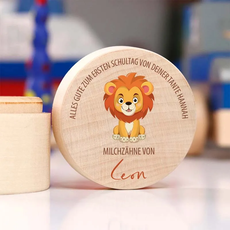 Personalisierte Milchzahndose aus Lindenholz mit Namen - Zahnbox für Kinder - Löwe Motiv | Natur, Runde - Baby Geschenk & Andenken zur Taufe