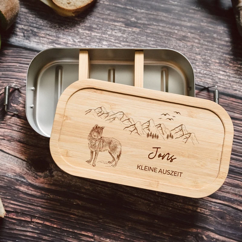 Brotdose Edelstahl personalisiert - Wolf Berge