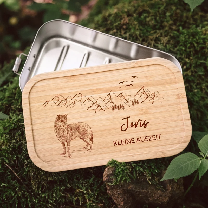Brotdose Edelstahl personalisiert - Wolf Berge
