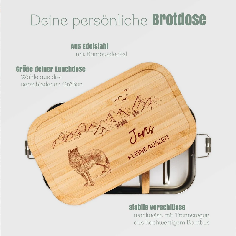 Brotdose Edelstahl personalisiert - Wolf Berge