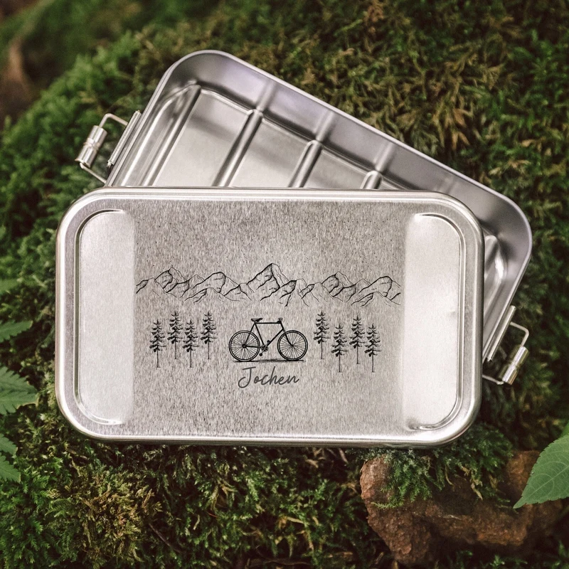 Brotdose Edelstahl silber - Fahrrad Berge