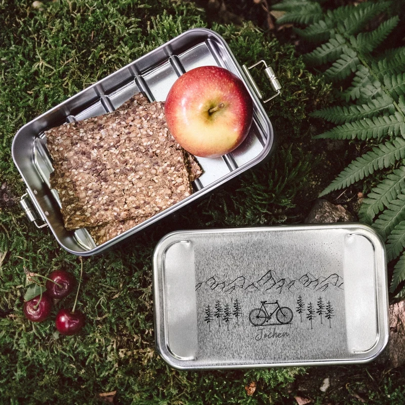 Brotdose Edelstahl silber - Fahrrad Berge