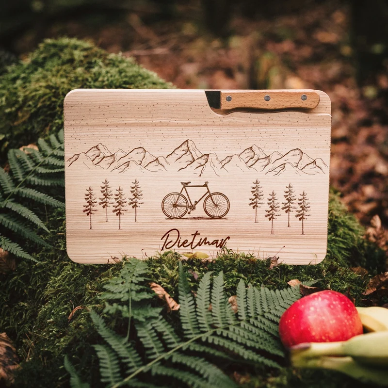 Brotzeitbrett mit Messer - Fahrrad Berge