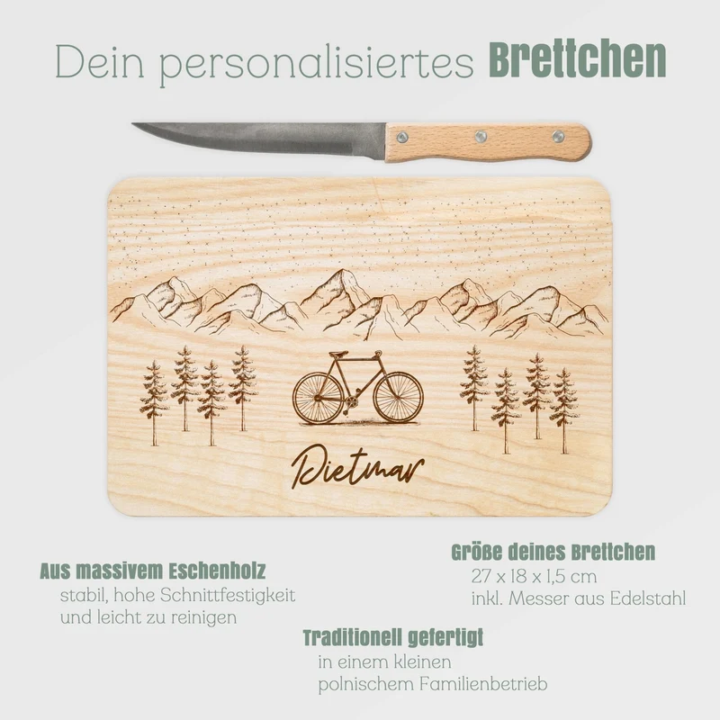 Brotzeitbrett mit Messer - Fahrrad Berge