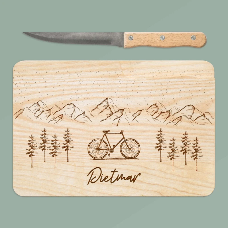 Brotzeitbrett mit Messer - Fahrrad Berge