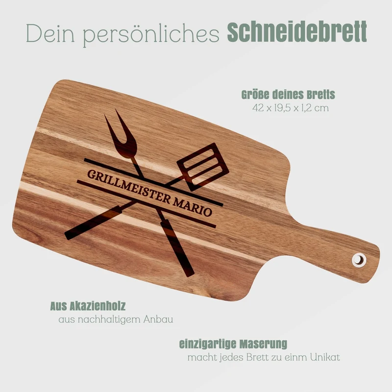 Akazienbrett mit Griff - Grillbesteck Grillmeister