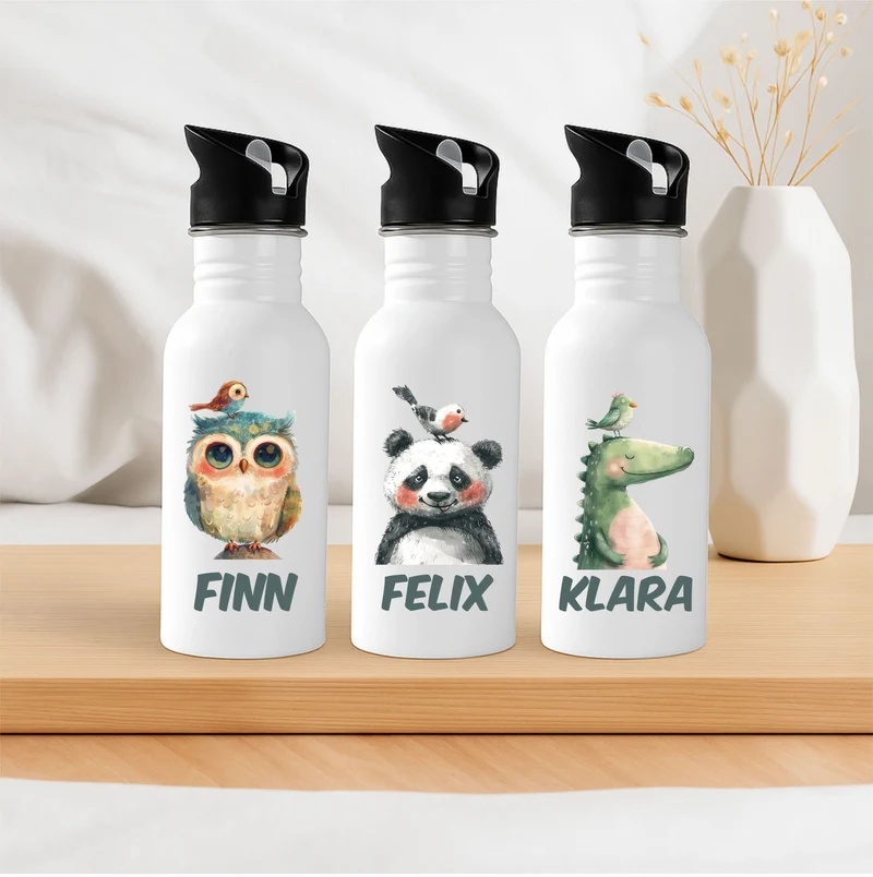 Personalisierte Kinder Trinkflasche mit Strohhalm bunte Tiere
