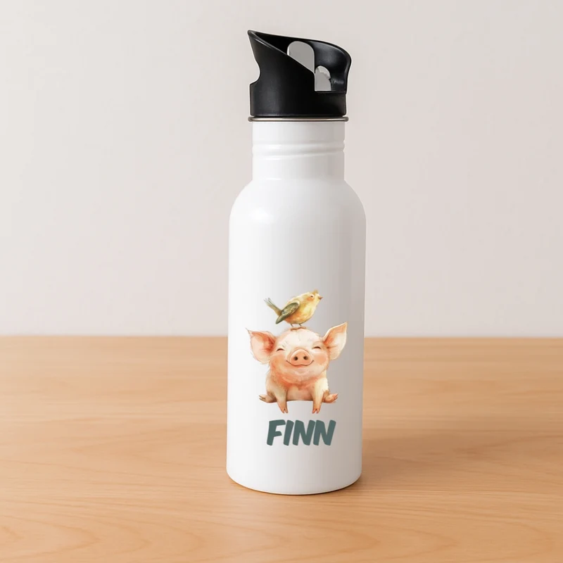 Personalisierte Kinder Trinkflasche mit Strohhalm bunte Tiere