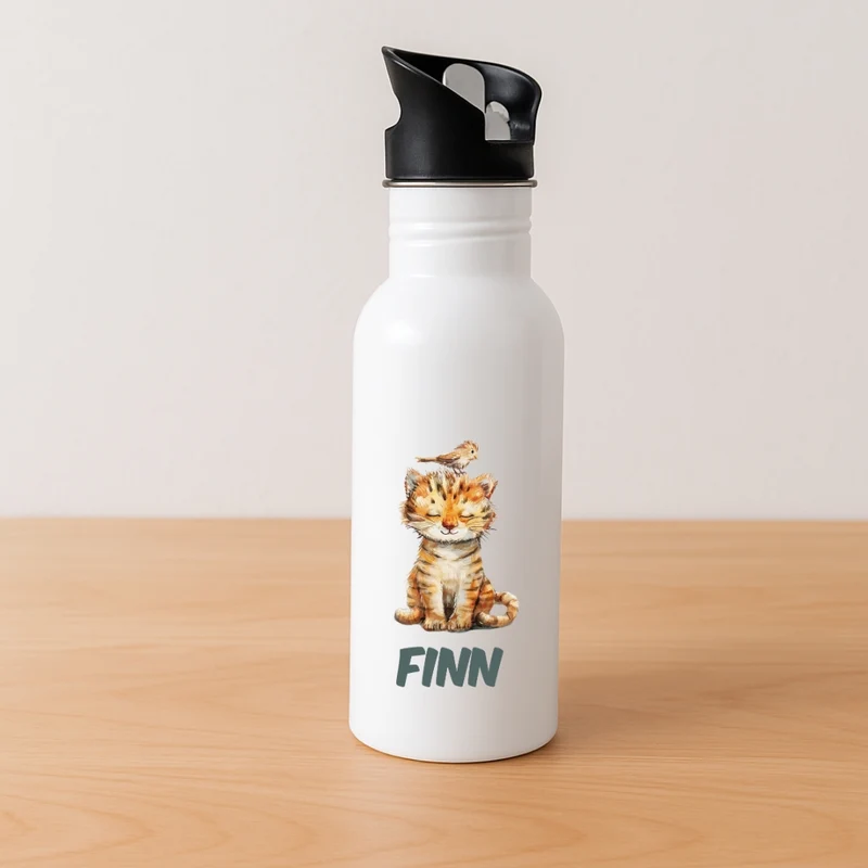 Personalisierte Kinder Trinkflasche mit Strohhalm bunte Tiere