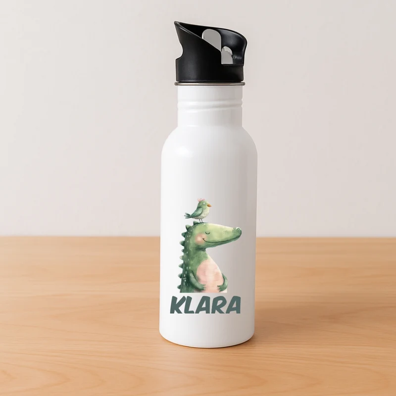 Personalisierte Kinder Trinkflasche mit Strohhalm bunte Tiere