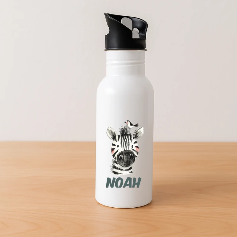 Personalisierte Kinder Trinkflasche mit Strohhalm bunte Tiere