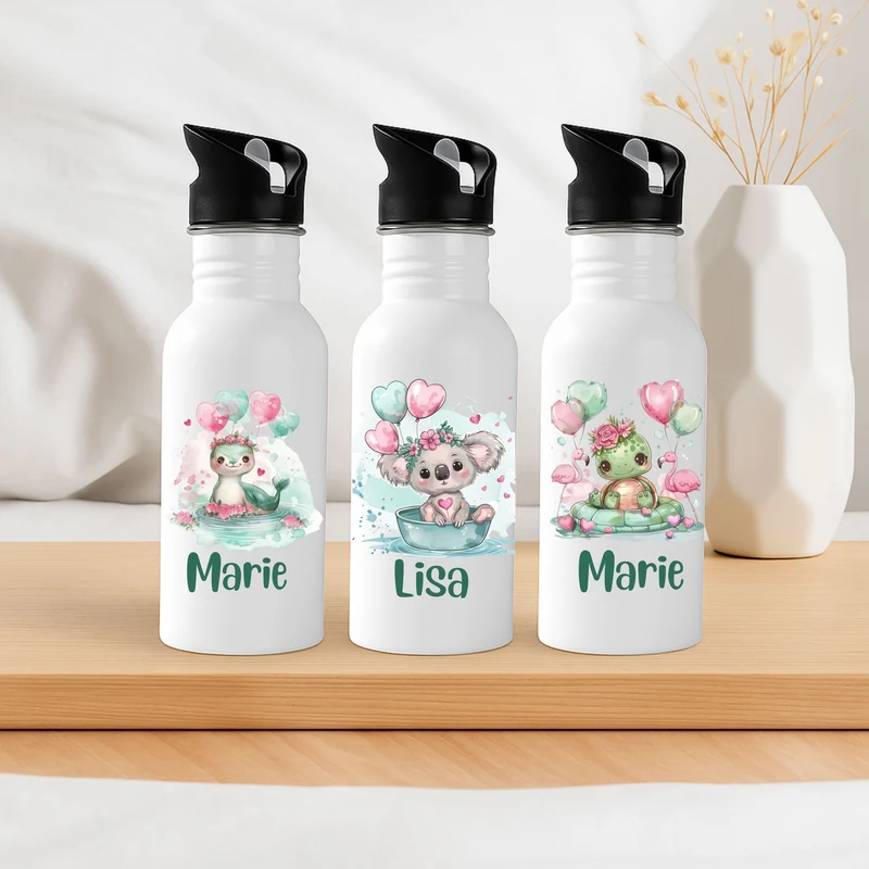 Personalisierte Kinder Trinkflasche Tierchen mit Luftballon