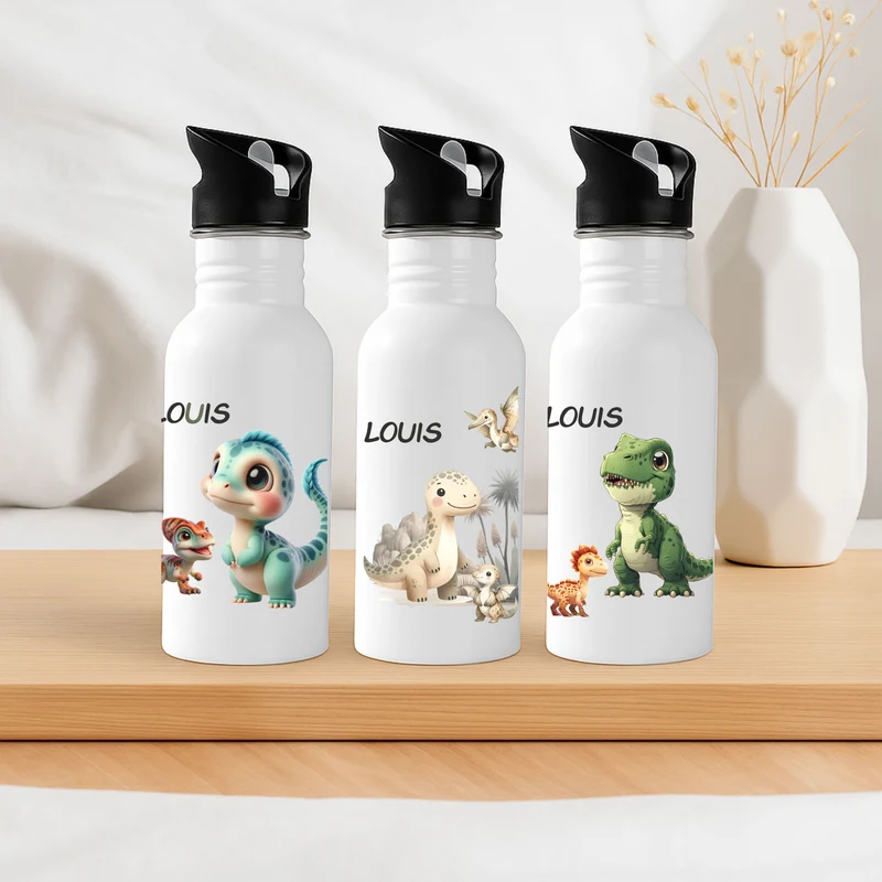 Kinder Trinkflasche mit Dino Motiven und Namen