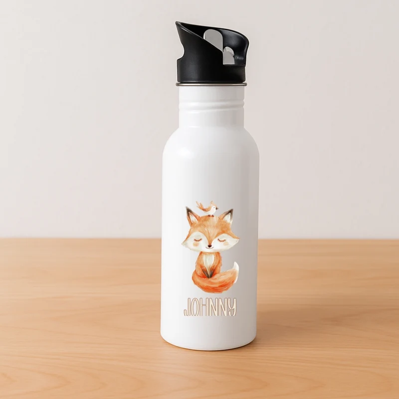 Kinder Trinkflasche mit Strohhalm beige Tiermotive