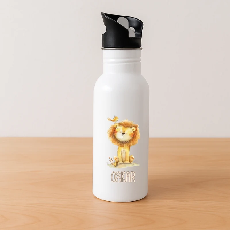 Kinder Trinkflasche mit Strohhalm beige Tiermotive
