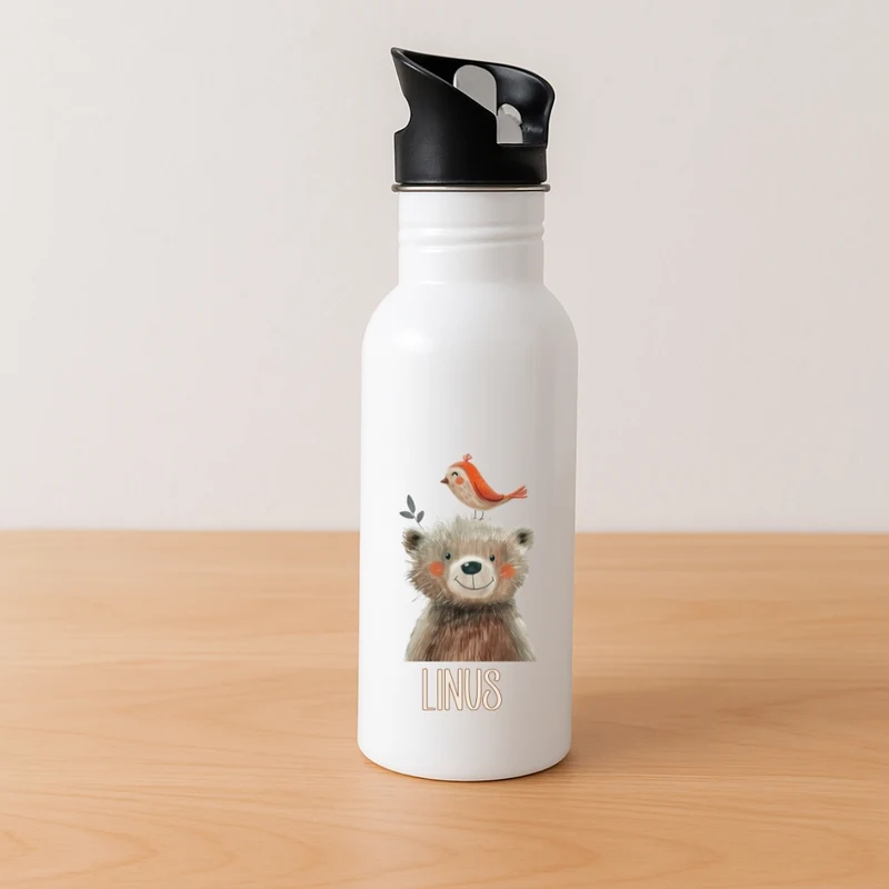 Kinder Trinkflasche mit Strohhalm beige Tiermotive