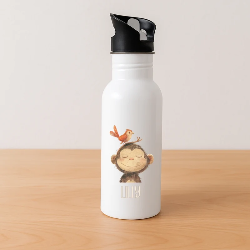 Kinder Trinkflasche mit Strohhalm beige Tiermotive