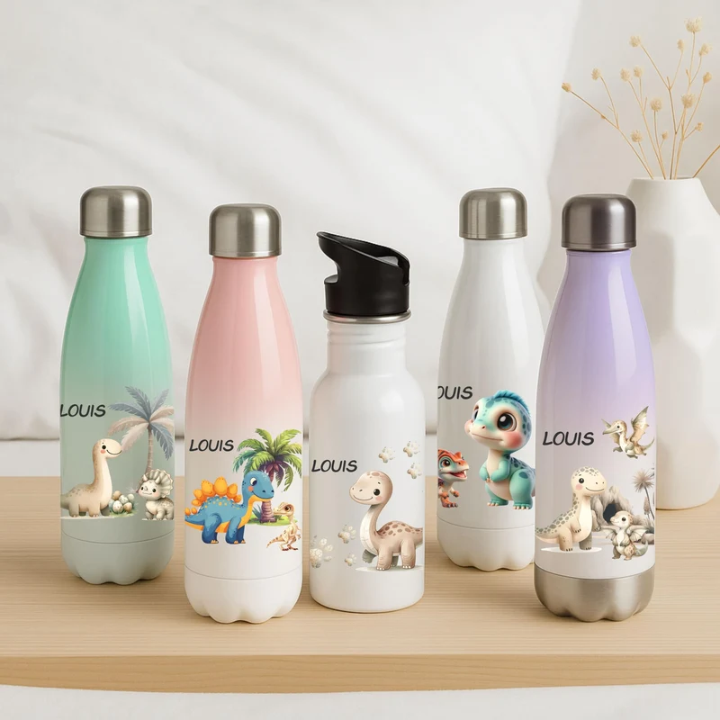Thermosflasche für Kinder mit Dino Motiven und Namen